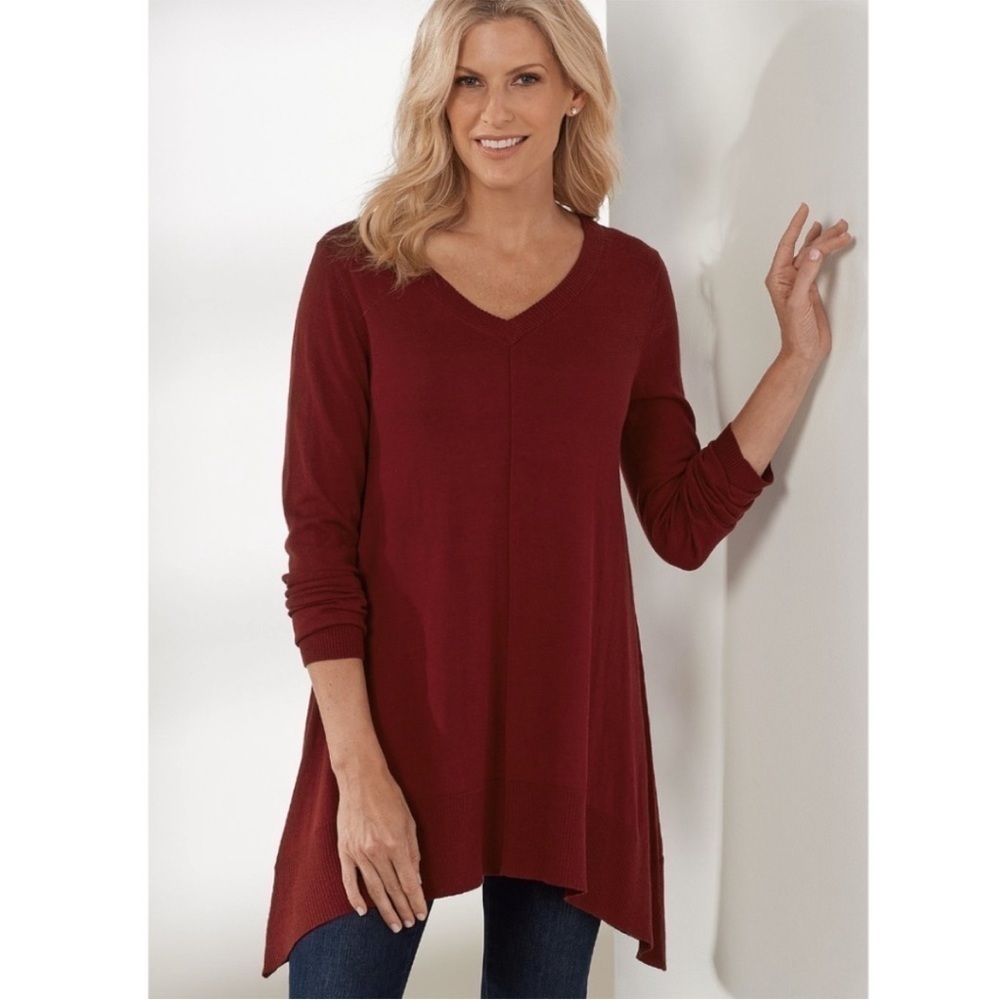 Soft Surroundings Simone Pullover Asymmetric Hem Sweater | Red | Small